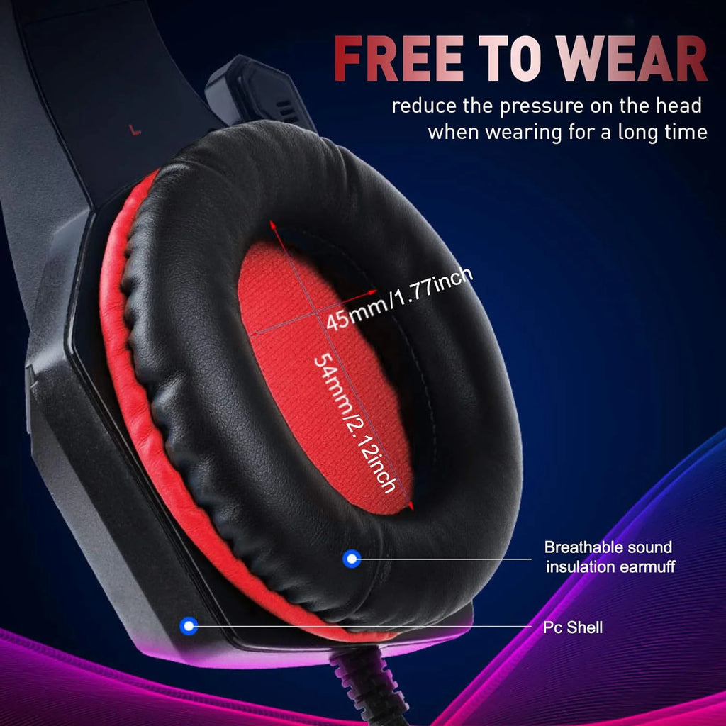 Black and red wired gaming headset with large, comfortable, insulated ear cushions and a durable PC shell.