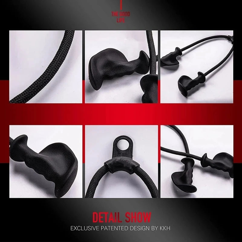 Six-panel product detail view of a black triceps rope with ergonomic contoured handles and a central attachment ring.