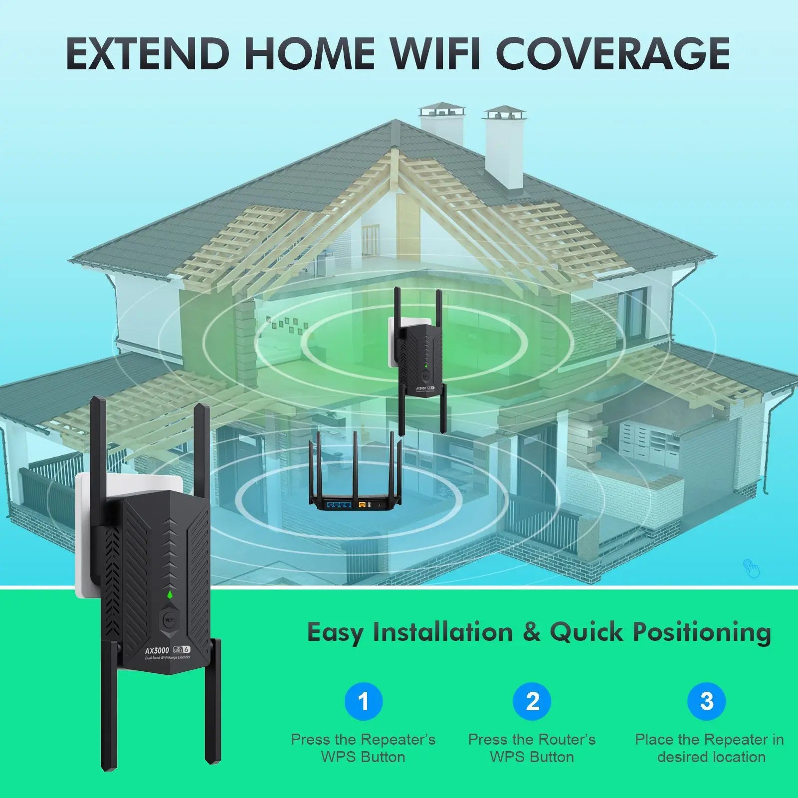 Black WiFi 6 range extender with antennas, shown with a house diagram illustrating expanded signal coverage.