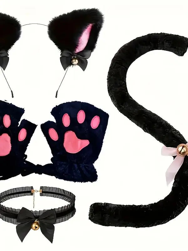 5-piece cat costume set in black faux fur, featuring ear headband, paw gloves, collar, and tail with pink accents.