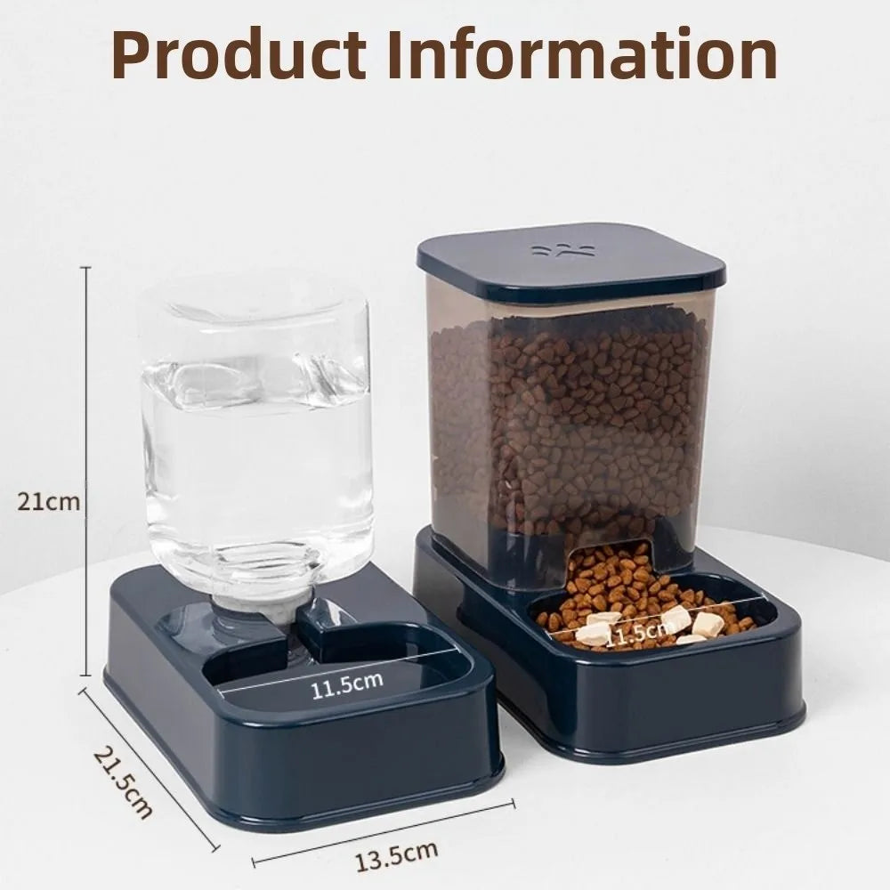 Navy blue pet food and water dispenser set with a clear water tank and an elevated dry food hopper.