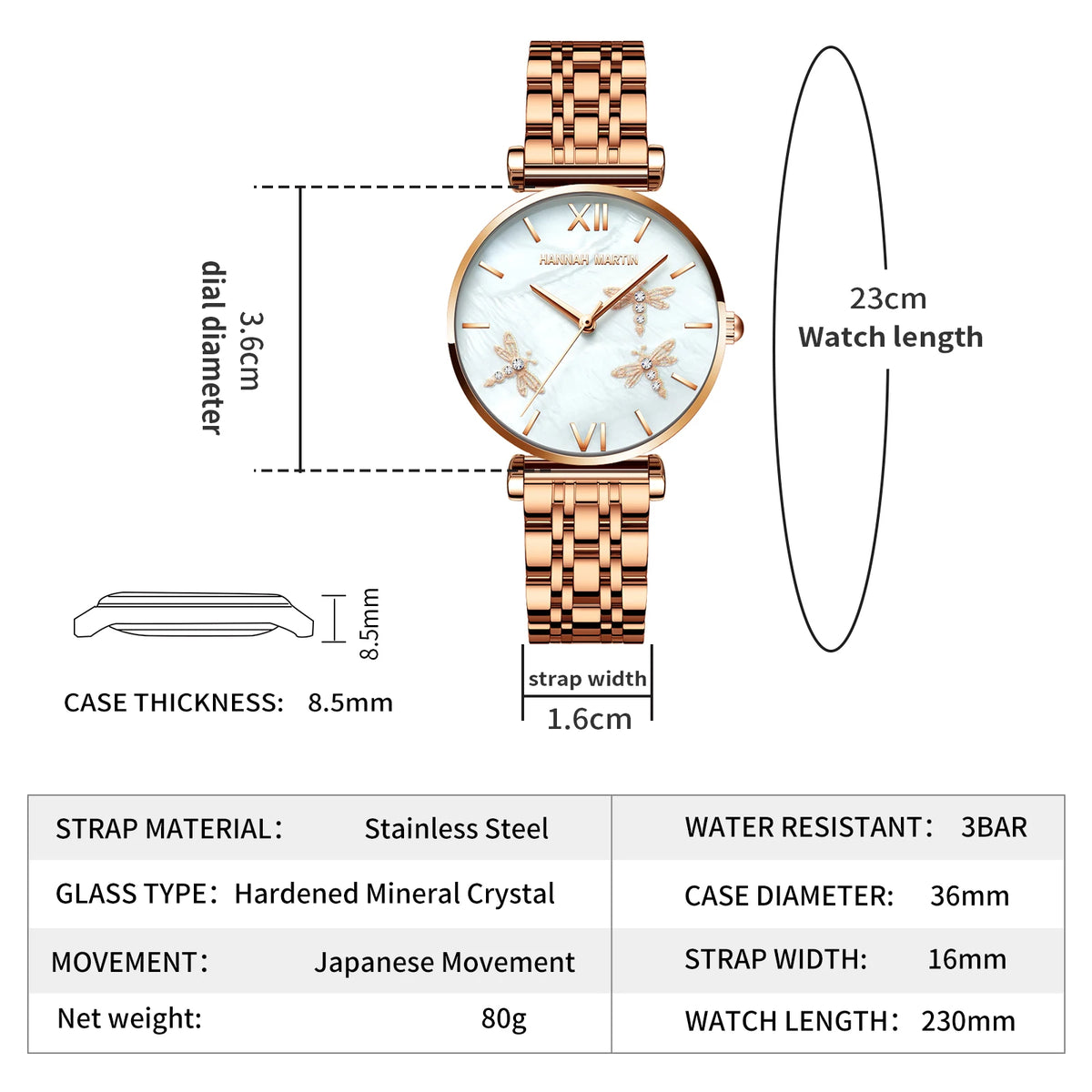 Rose gold quartz watch with round dial, rhinestone-accented dragonflies, and metal link strap, with size specs.