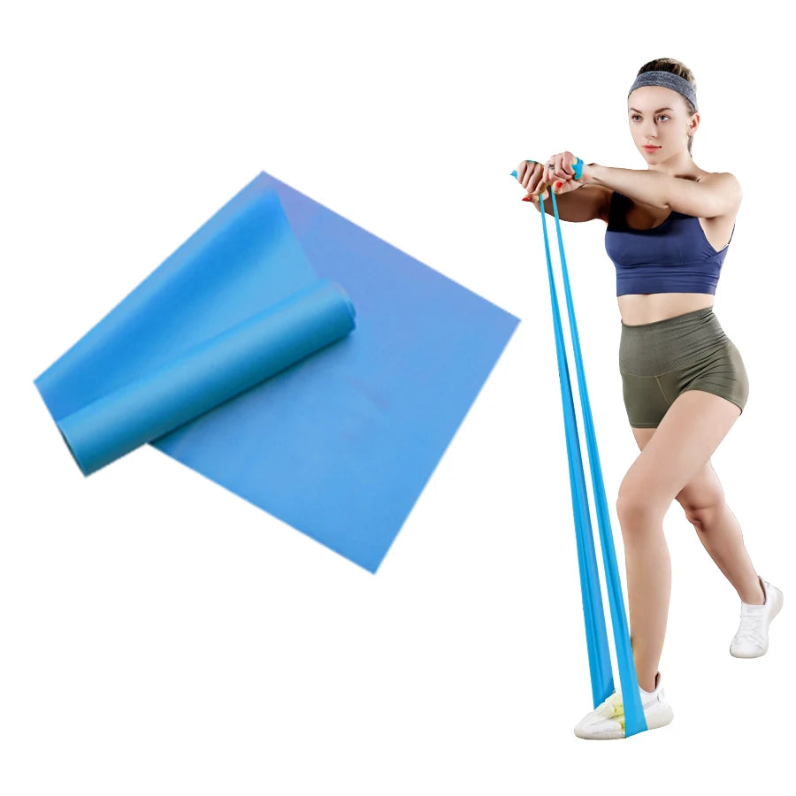 A woman in gym wear demonstrating exercises with a long, bright blue flat resistance band.