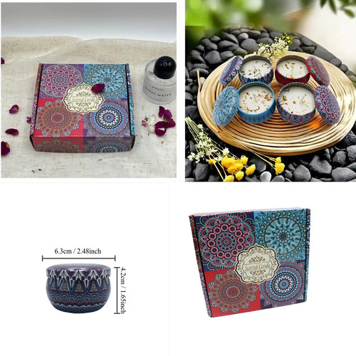 Set of colourful, floral-patterned scented candles in decorative tins with a matching mandala-design gift box.