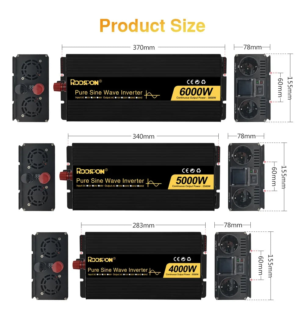 Black pure sine wave power inverters shown with dimensions, two AC outlets, and red/black DC input terminals.