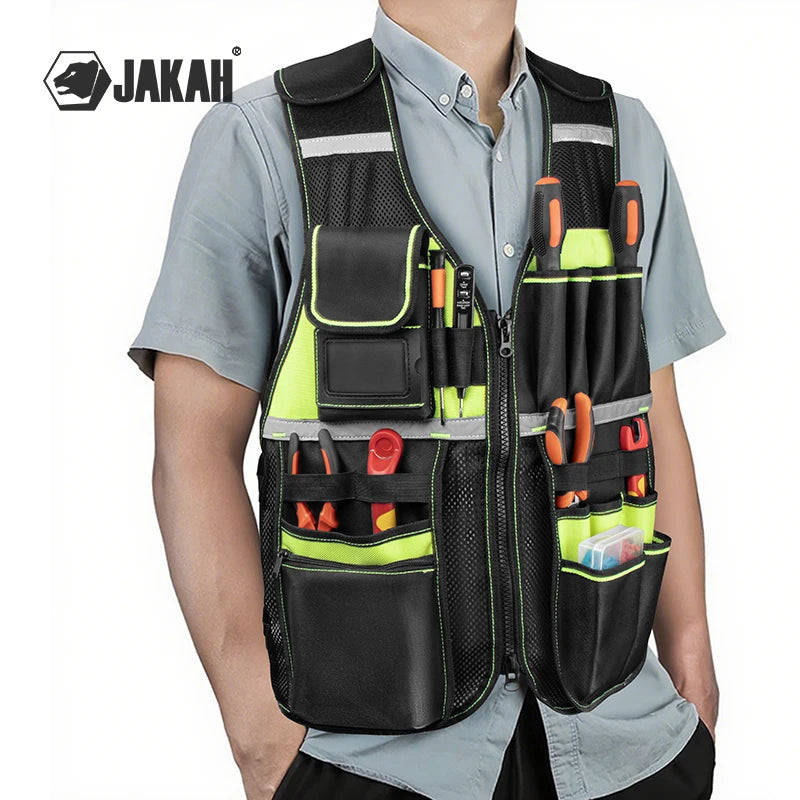 Black and neon yellow heavy-duty tool vest with multiple pockets and slots for holding various tools.