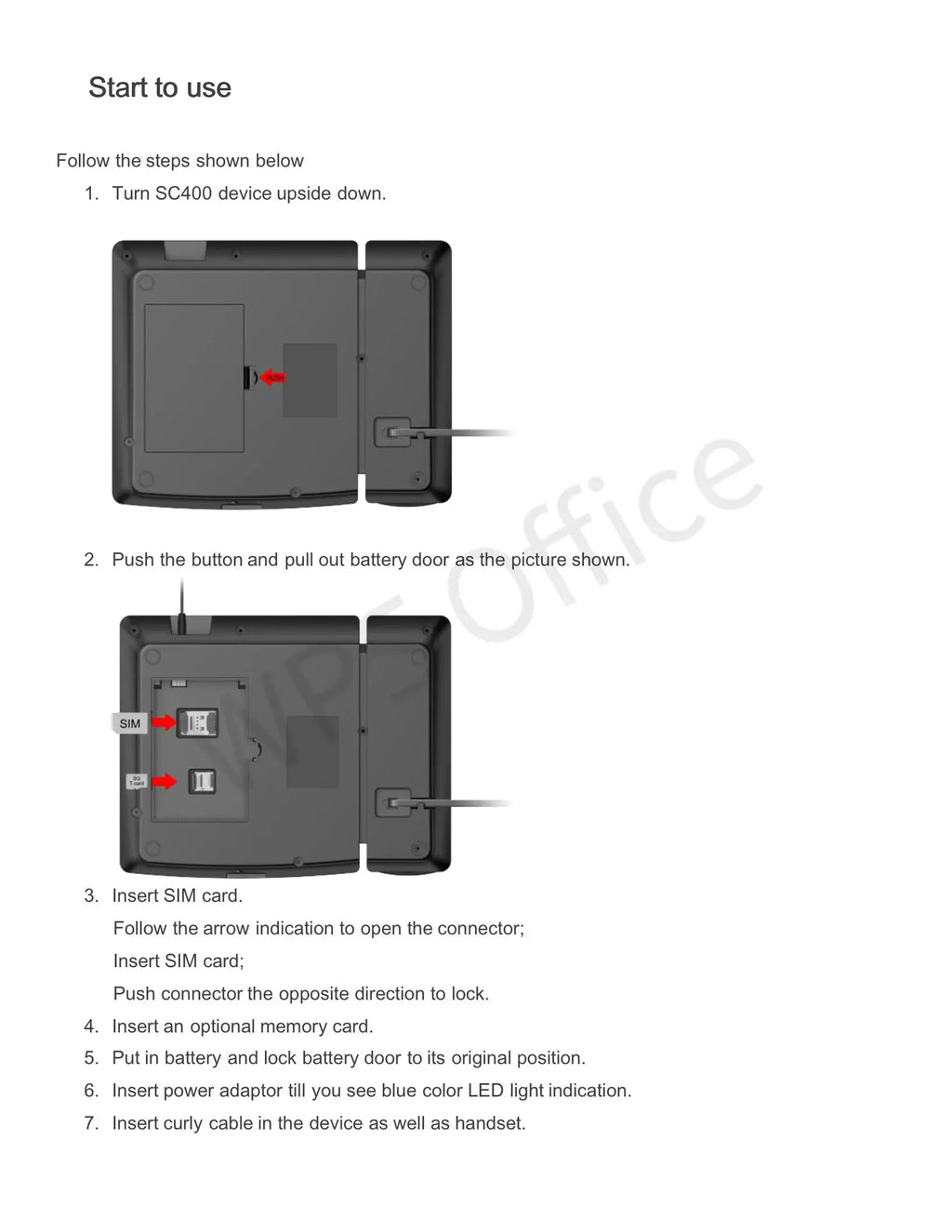 Instruction manual for a black desk phone, illustrating how to insert a battery, SIM card, and memory card.