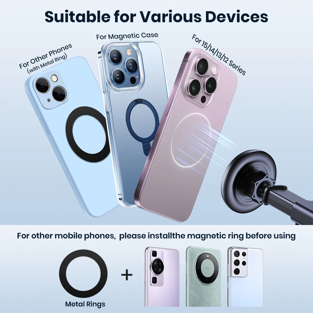 Three smartphones in light blue, clear, and pink, showing magnetic ring attachments and a phone mount.