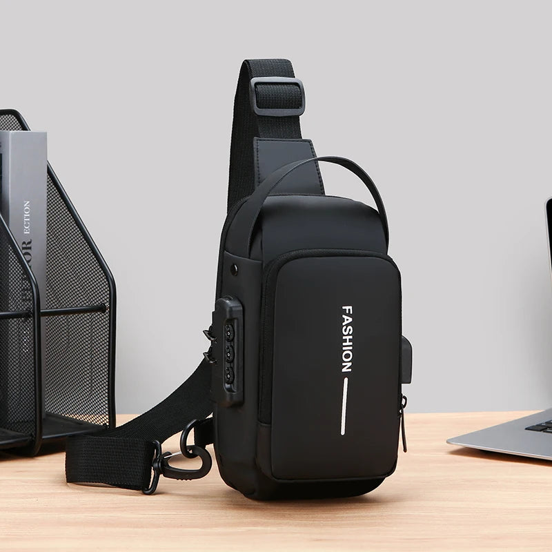 Black, sleek anti-theft crossbody chest bag with a combination lock, adjustable strap, and built-in USB charging port.