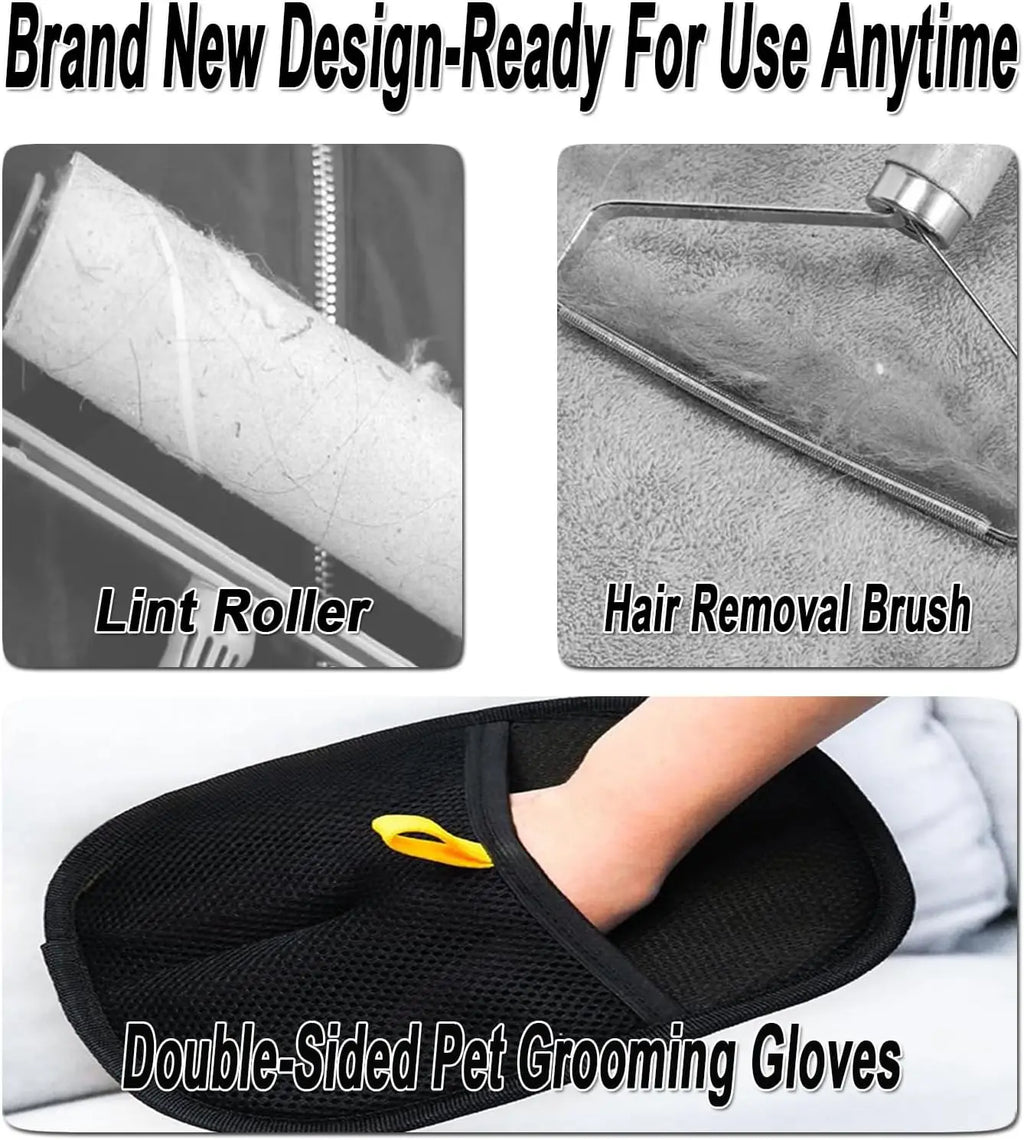 Set of pet hair removal tools: a lint roller, a metal hair removal brush, and a black mesh pet grooming glove.