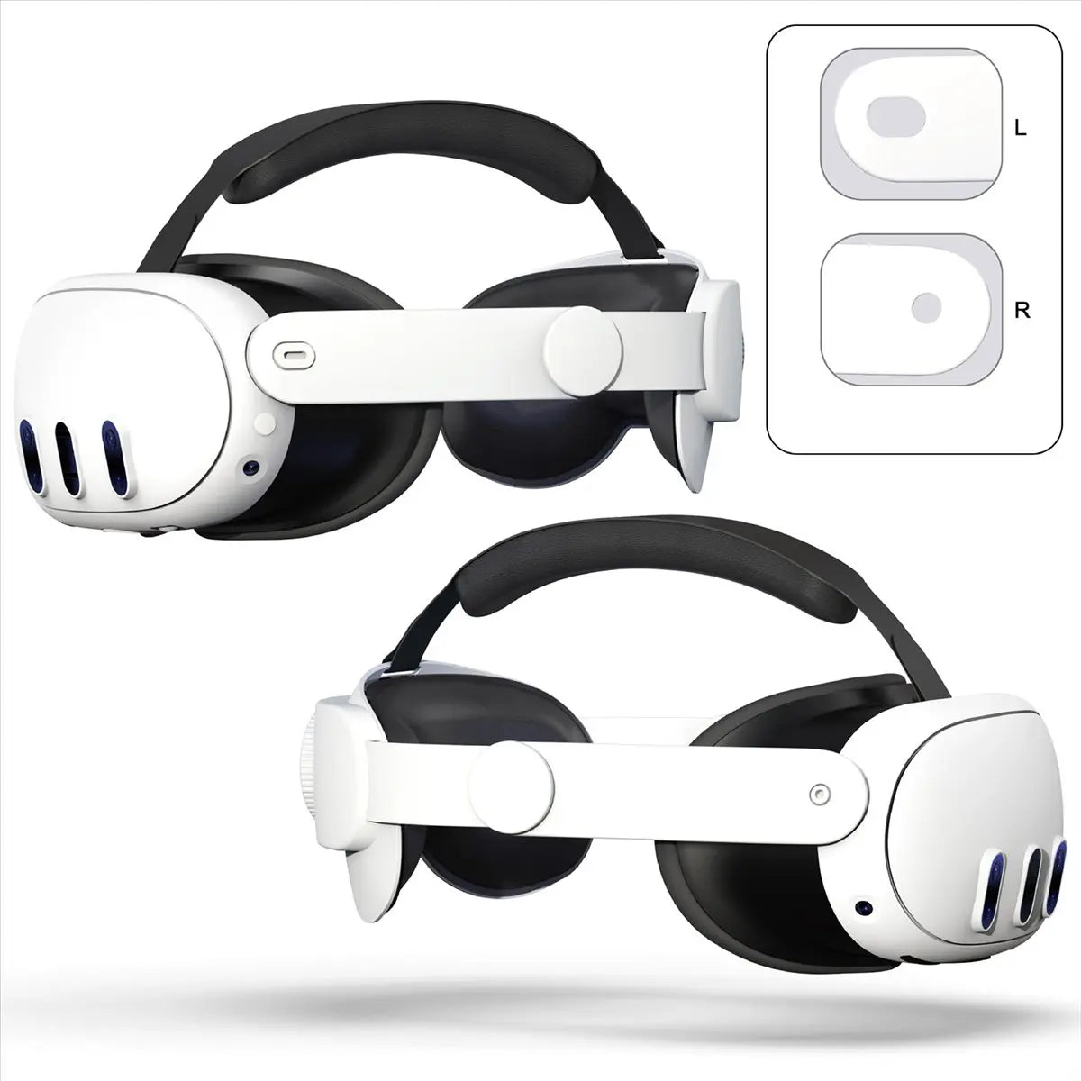 White adjustable comfort head strap for VR headset, featuring a black cushioned top band and rear support.