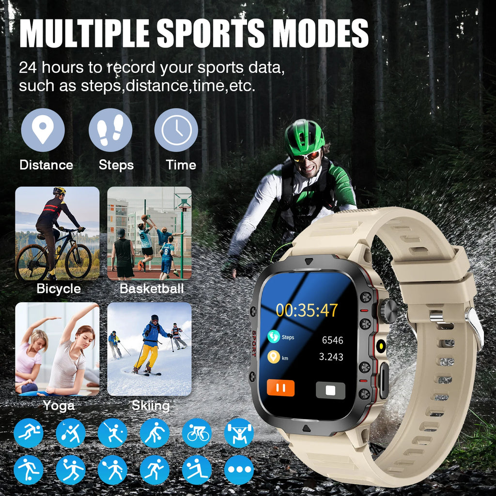 Beige rugged smart watch with a touch screen, LED light, and sports tracking features, shown against an outdoor backdrop.