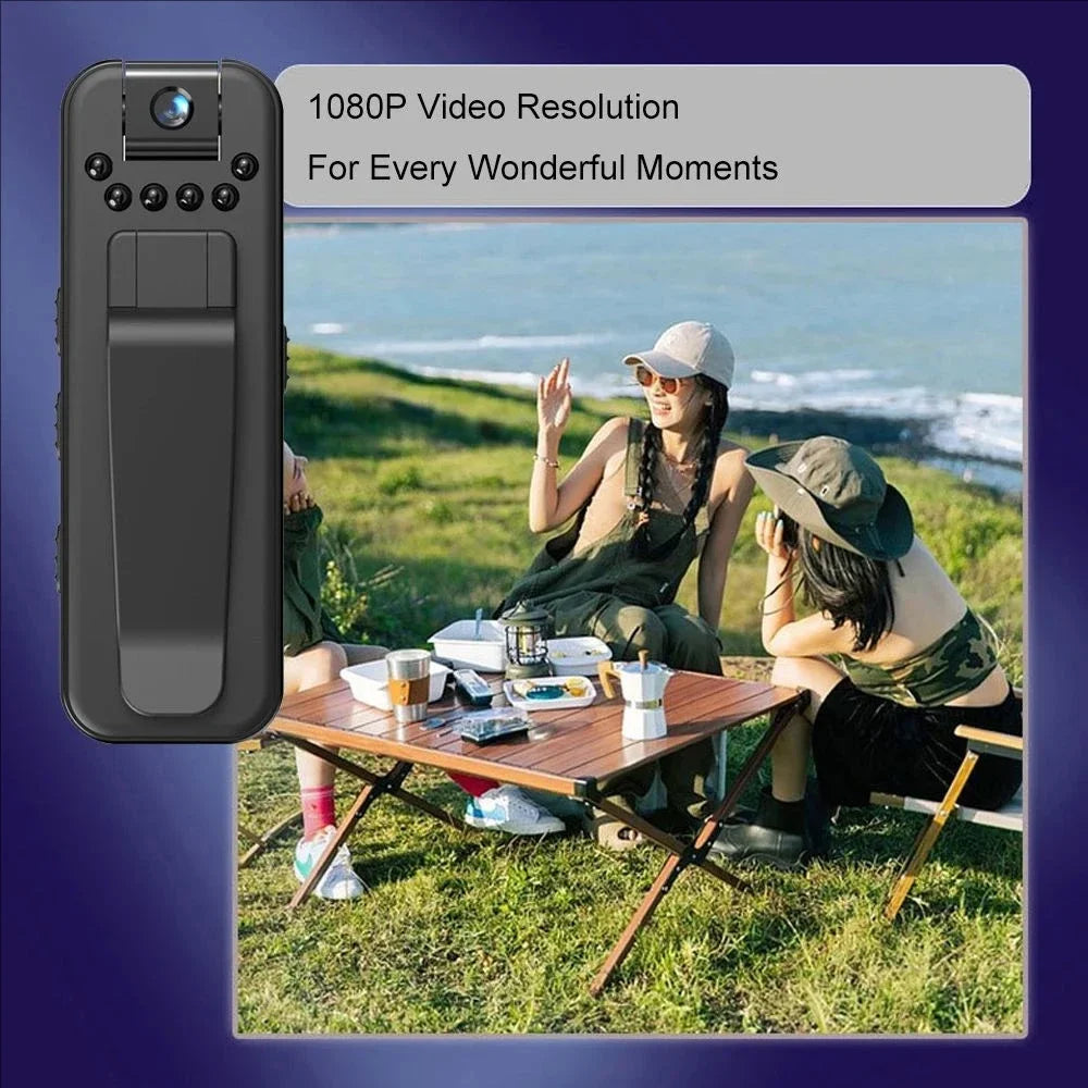 Black matte plastic body-worn camera with a clip and lens, featuring 1080p resolution.
