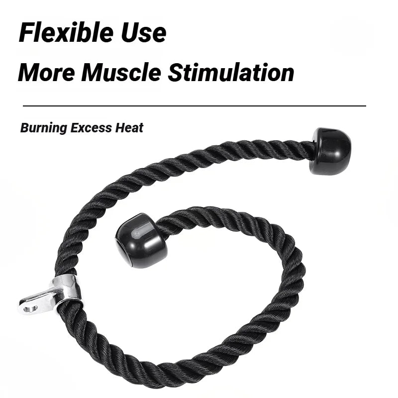 Black braided nylon tricep pull rope attachment with chrome metal connector and solid end stops.