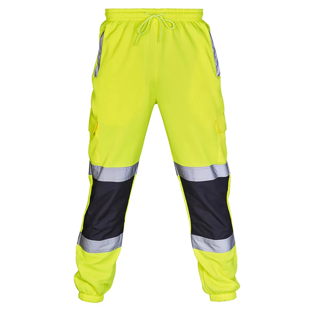 High-vis yellow work trousers with black knee panels, reflective strips, elasticated waist and drawstring.