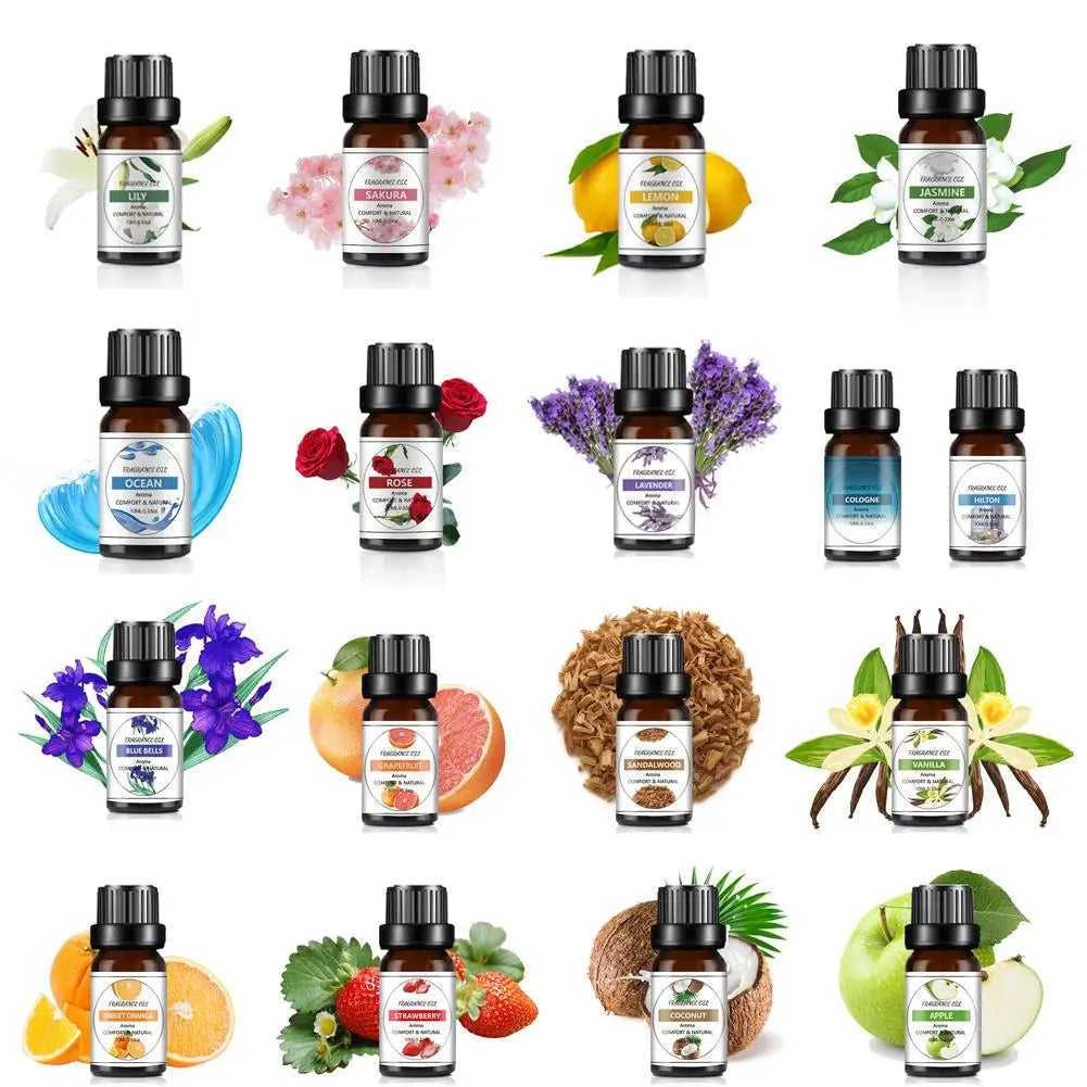 Grid of 16 glass bottles containing scented fragrance oils, each labelled with its unique floral or fruity scent.