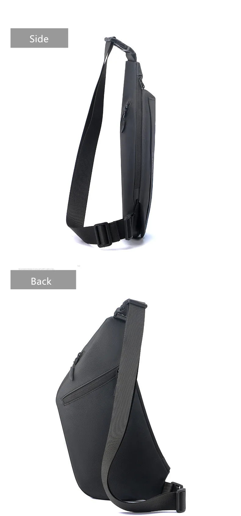 Side and back view of a slim, black anti-theft crossbody sling bag with an adjustable strap and zip pocket.