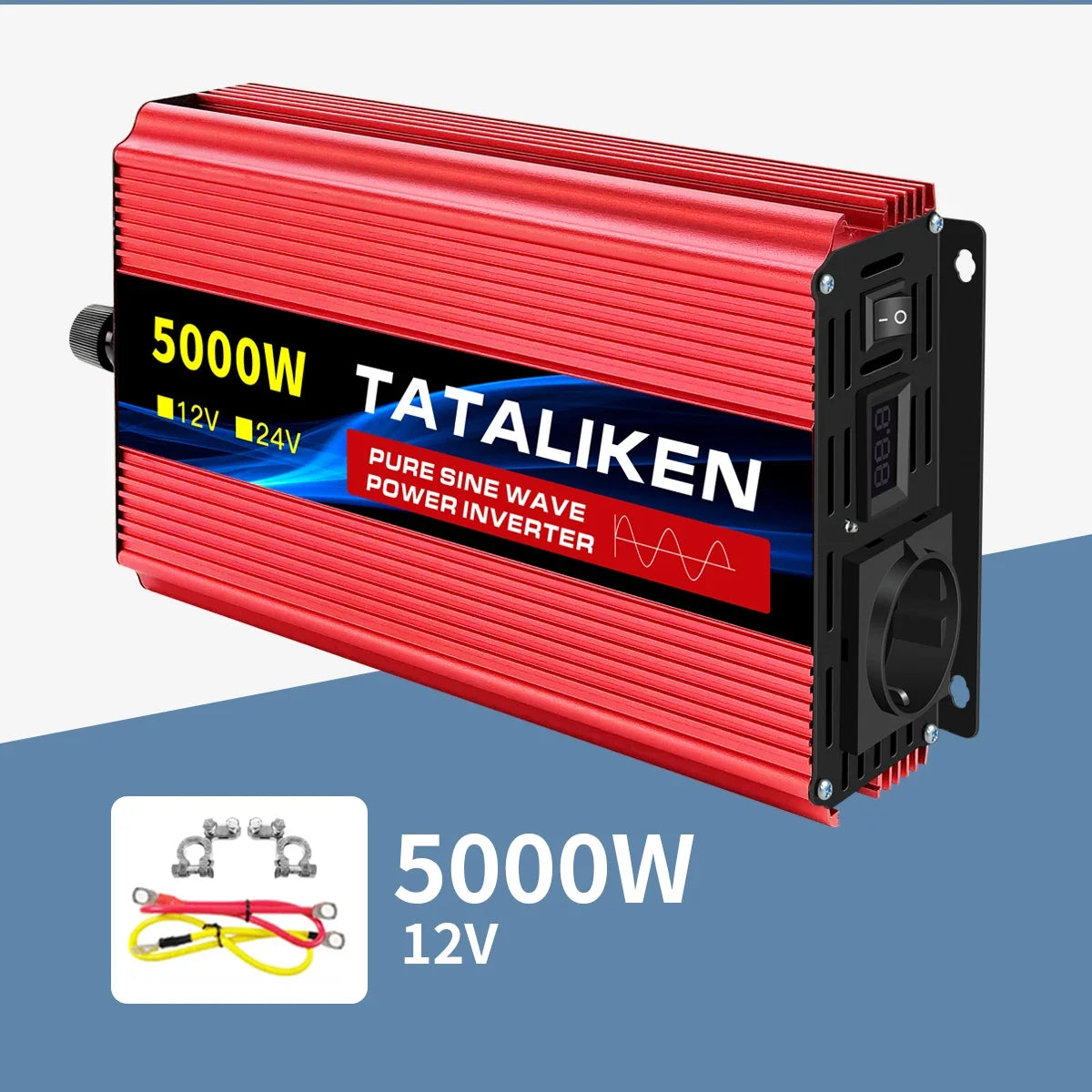 Red pure sine wave power inverter with ribbed metal casing, power switch, digital display, socket, and included cables.
