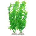 Two artificial green plastic aquarium plants with leafy stems and white, rounded bases against a white background.