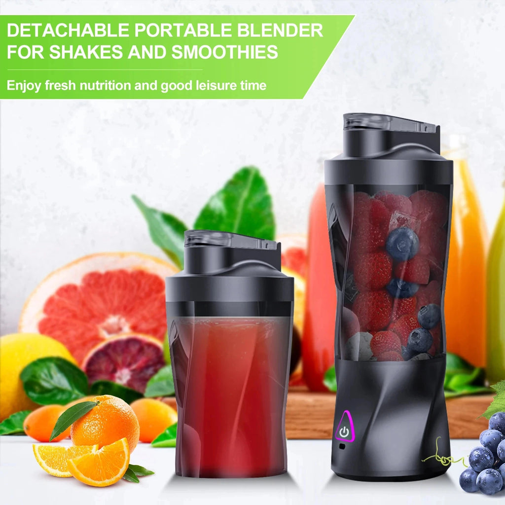 Two sleek, black portable blenders set against a background of fresh fruit, one filled with fruit and one with juice.