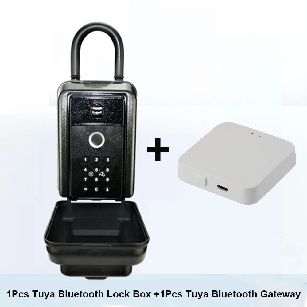 Black metal Bluetooth key lock box with keypad and fingerprint sensor, plus a white wireless gateway hub.