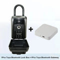 Black metal Bluetooth key lock box with keypad and fingerprint sensor, plus a white wireless gateway hub.