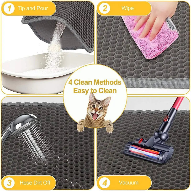 Grey, double-layered honeycomb cat litter mat showing easy cleaning methods: pouring, wiping, hosing, and vacuuming.
