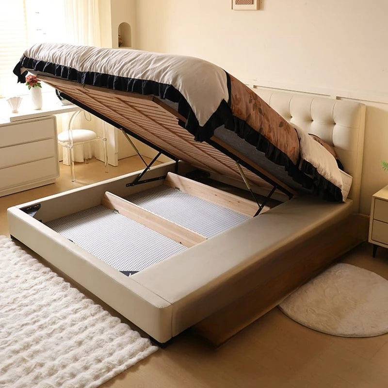 Minimalist cream storage bed with a tufted headboard and an easy-lift wooden ottoman base for under-bed storage.