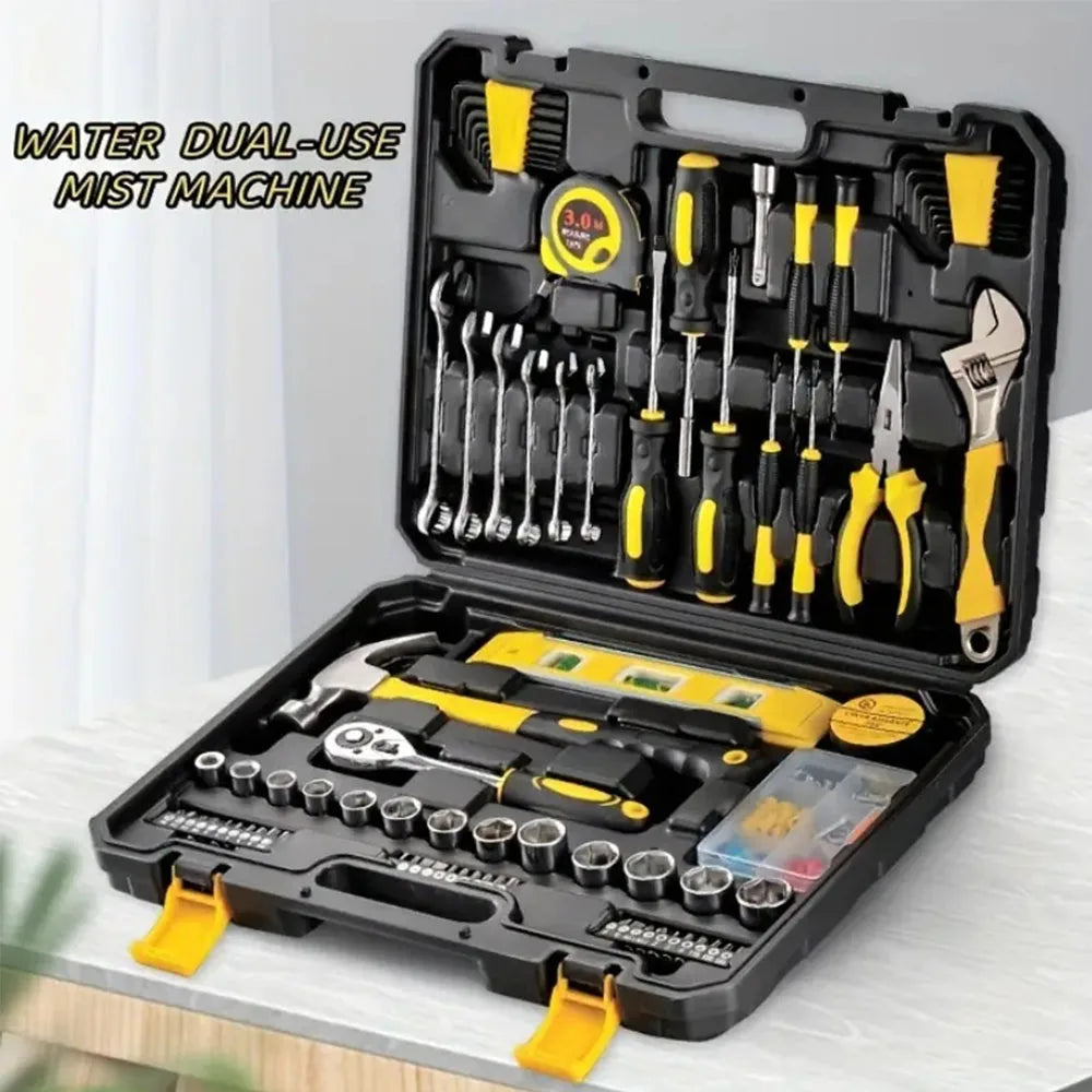 Black and yellow molded plastic tool case open, containing wrenches, screwdrivers, sockets, and a hammer.