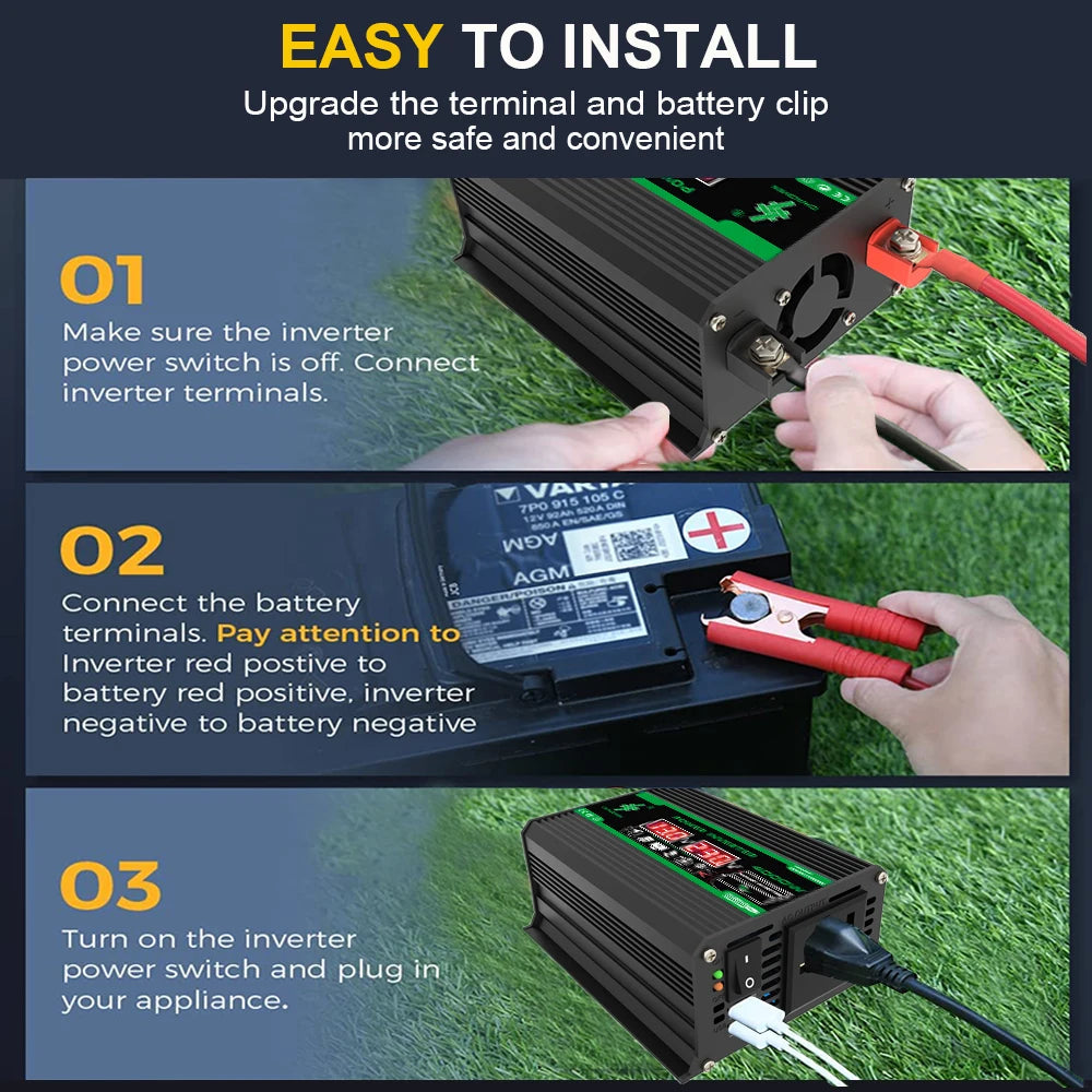 Black 400W portable power inverter shown in a three-step guide connecting to a car battery and powering devices.