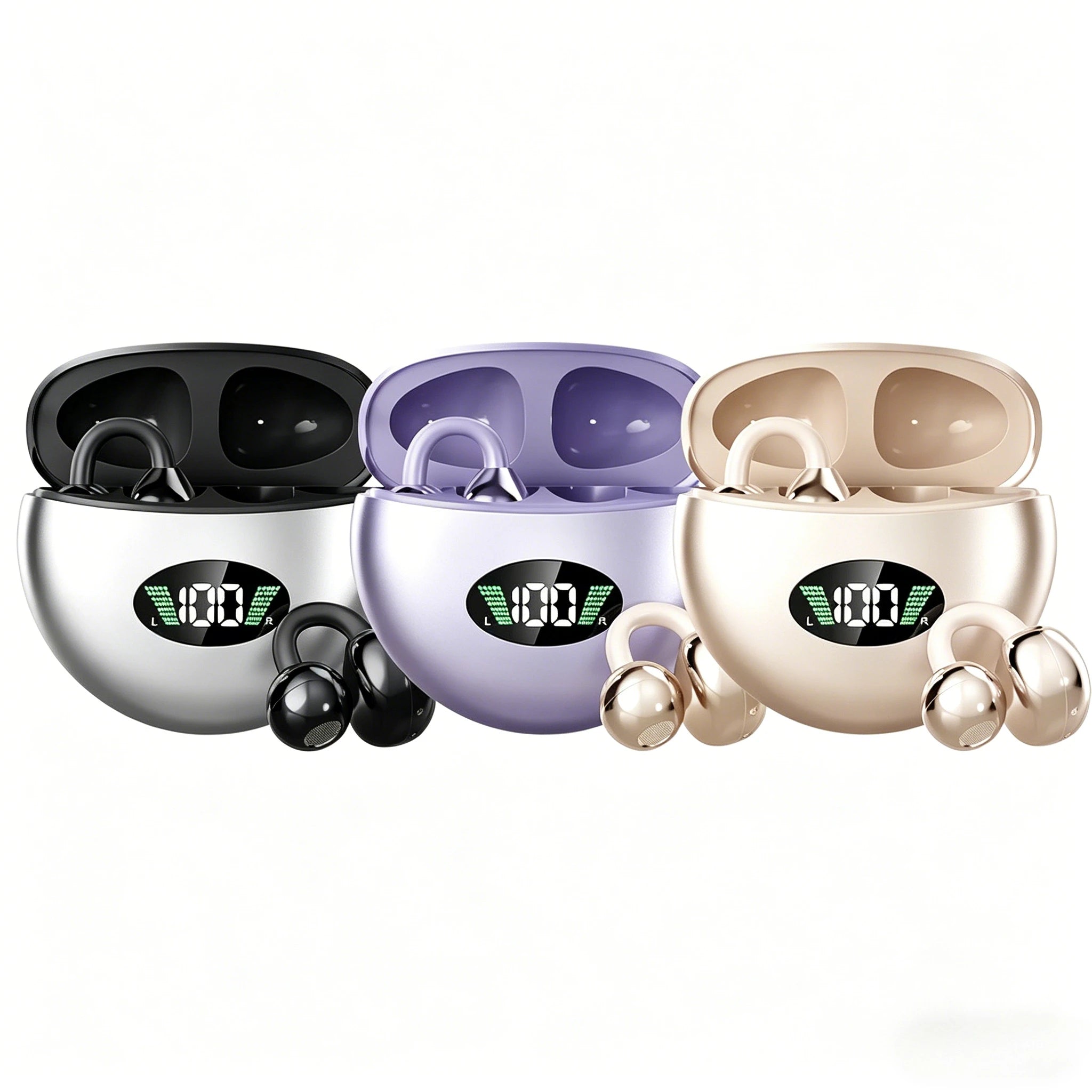 Three wireless earbud charging cases in black, purple, and gold with digital battery displays and matching ear hooks.