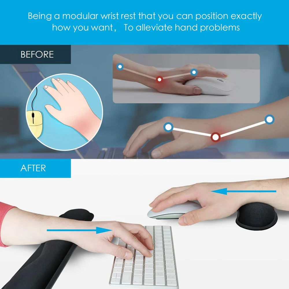Black foam modular wrist rests shown in use with a computer keyboard and mouse to support hands and wrists.