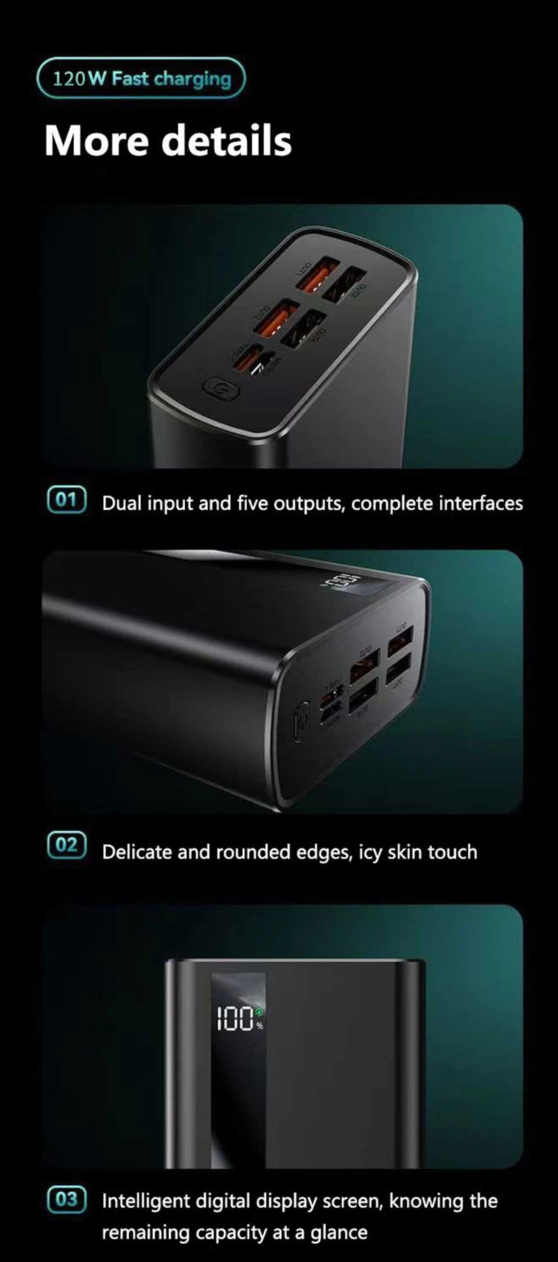 Black 100,000mAh power bank with rounded edges, digital battery display, and multiple USB charging ports.