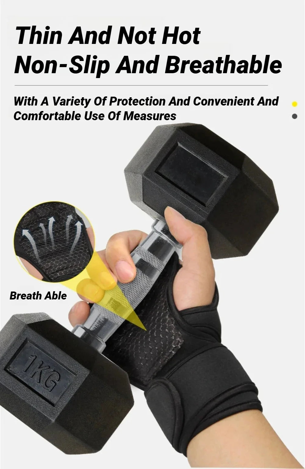 A hand wearing a black, breathable, non-slip fitness wrist wrap, holding a black 1kg hexagonal dumbbell.