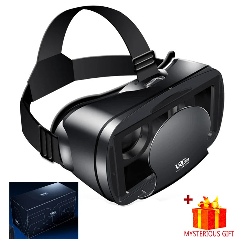 Black VRG Pro virtual reality headset with adjustable head straps, front phone compartment, and top focus dial.