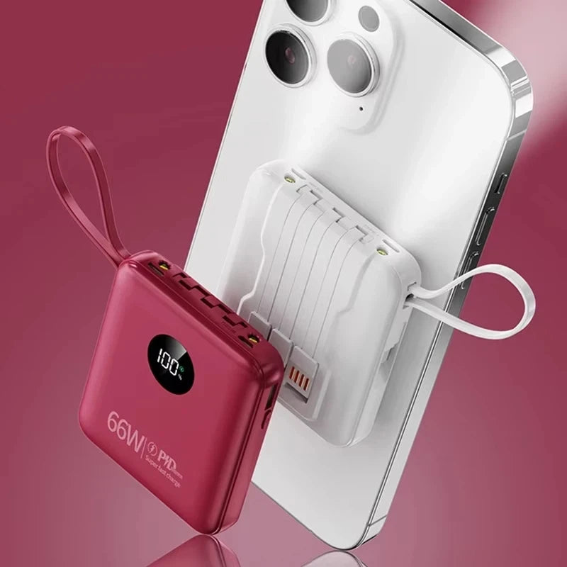Red and white compact 50000mAh portable power banks with digital battery displays and integrated charging cables.