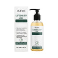 100ml bottle of golden body lifting oil with pump dispenser, shown with its white and green retail packaging.