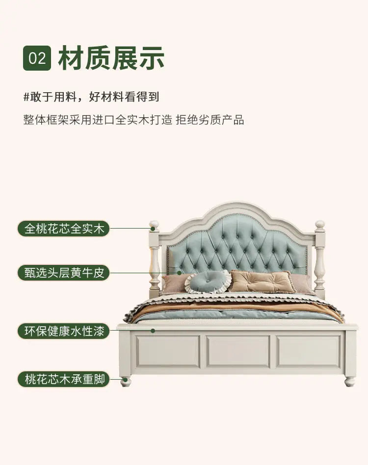Elegant cream-coloured wooden double bed frame with a tufted sage green headboard and sturdy panelled base.