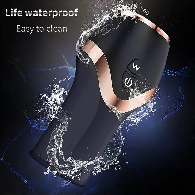 Matte black and rose gold waterproof automatic male masturbation cup with two control buttons, shown splashing in water.