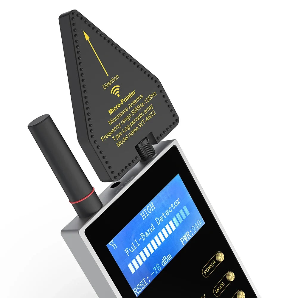Portable signal detector with a black directional antenna, digital screen showing signal levels, and control buttons.