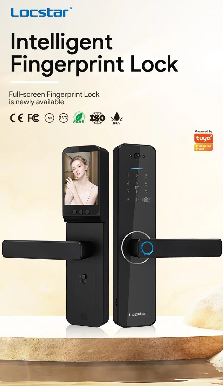Matte black smart door lock with integrated camera, digital keypad, and fingerprint scanner on the handle.