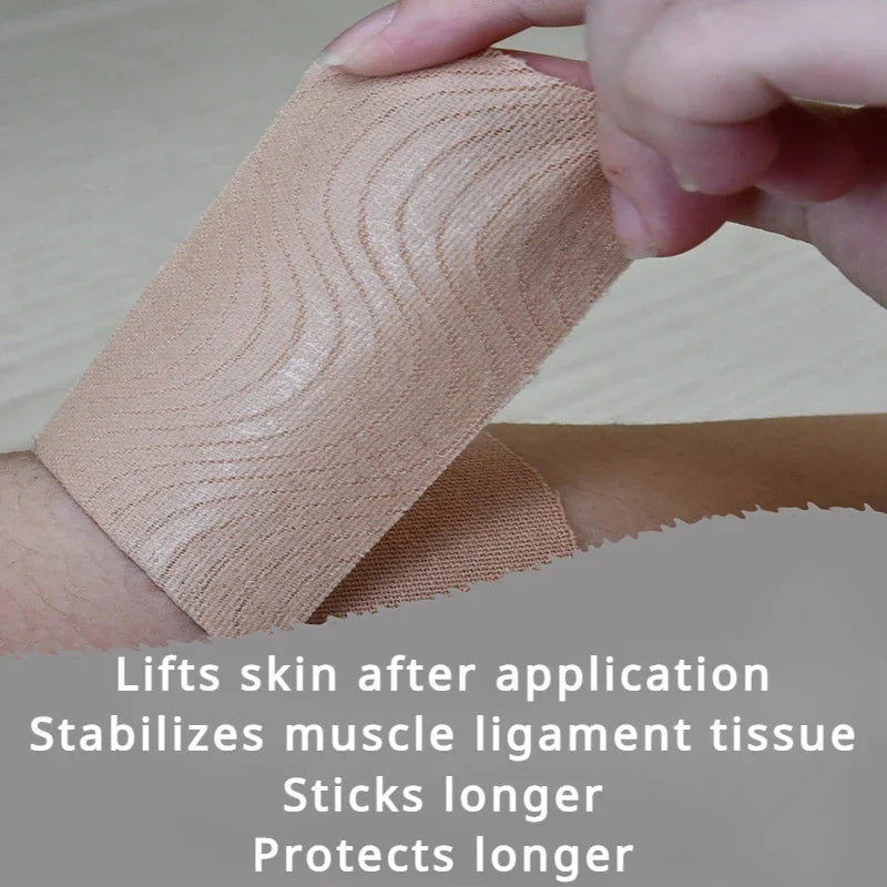 Beige kinesiology tape being applied to skin, showing its textured, flexible surface.