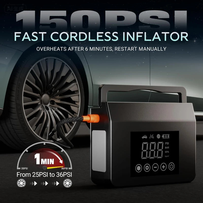 Black Hieha car jump starter and air compressor inflating a car tire, featuring a digital display and handle.