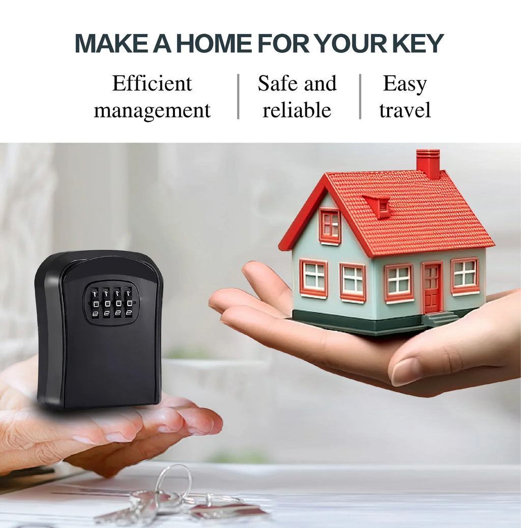 Black metal wall-mounted key lock box with a four-digit combination dial, held next to a toy house model.