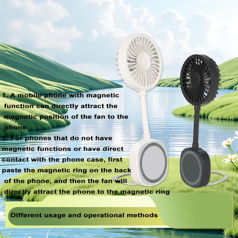 White and black magnetic portable phone fans with flexible necks, shown against a scenic lakeside background.