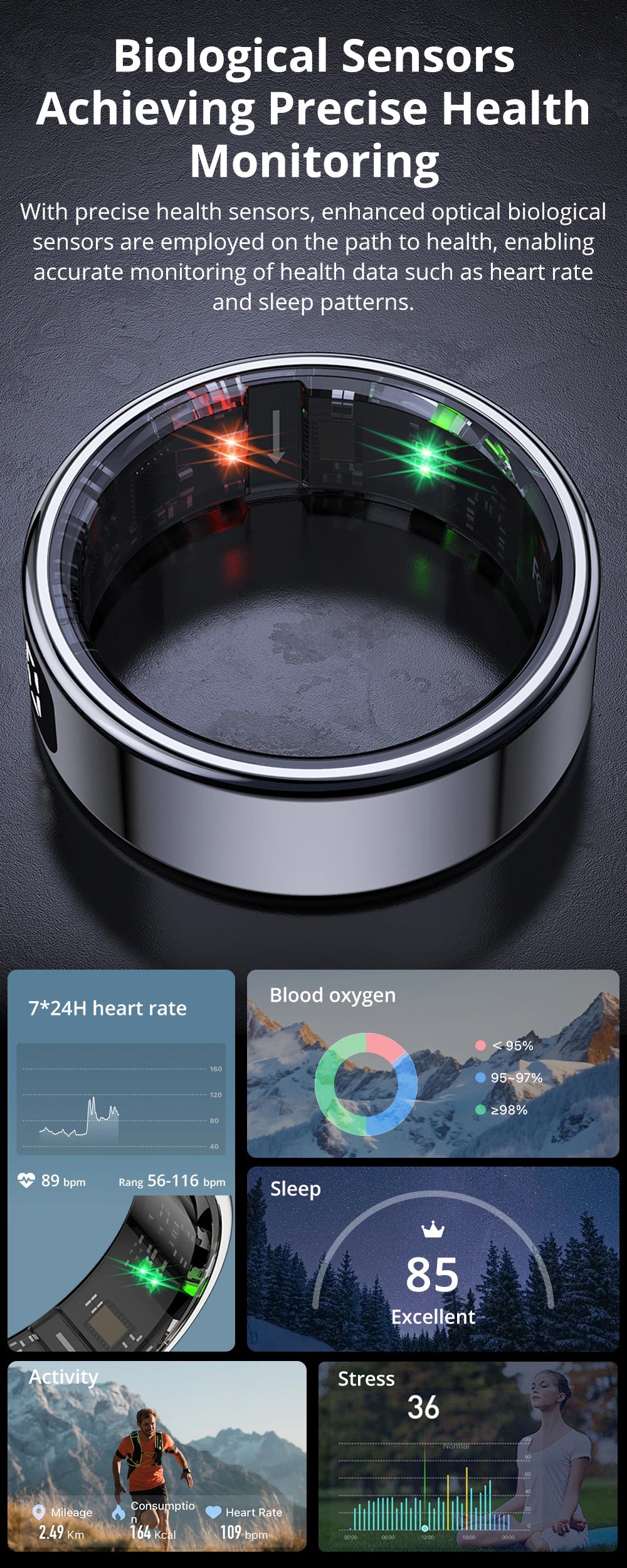 Sleek silver smart ring with inner light sensors, displaying health data charts for heart rate, sleep, and activity.