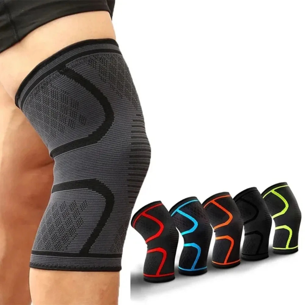 Gray elastic compression knee brace worn on a leg, with ribbed panels and black trim, plus five color options.
