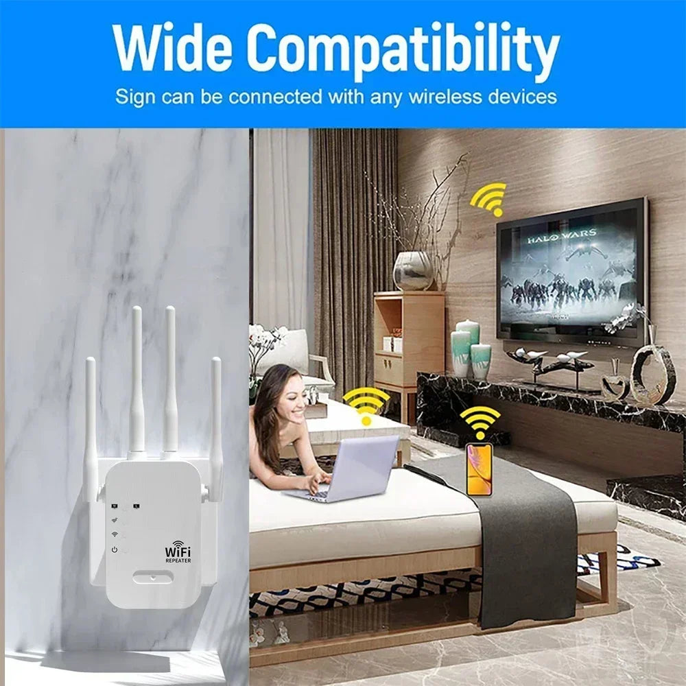 White, compact 1200Mbps dual-band WiFi repeater with four antennas, boosting signal for devices in a modern living room.