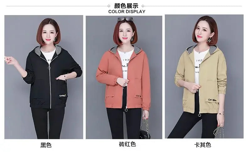 Three zip-up hooded jackets in black, terracotta, and beige, featuring a checkered lining and front pockets.