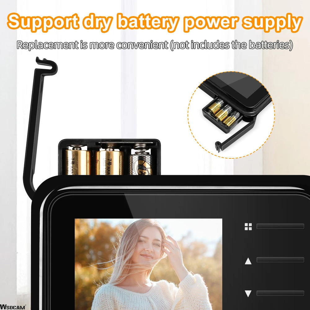 Black digital door peephole camera with a 2.4-inch LCD screen, showing easy battery replacement via a top compartment.